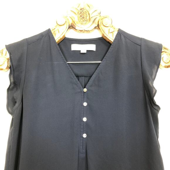 LOFT Top Chiffon V Neck Button Front Flutter Sleeve Blue Navy Blouse xs - Picture 4 of 7